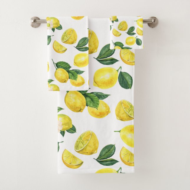 Yellow Lemons Watercolor Fruchtmuster Badhandtuch Set (Insitu)