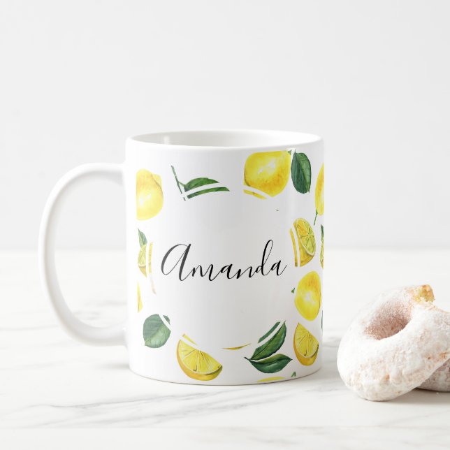 Yellow Lemons Watercolor Fruchtmuster Kaffeetasse (Mit Donut)