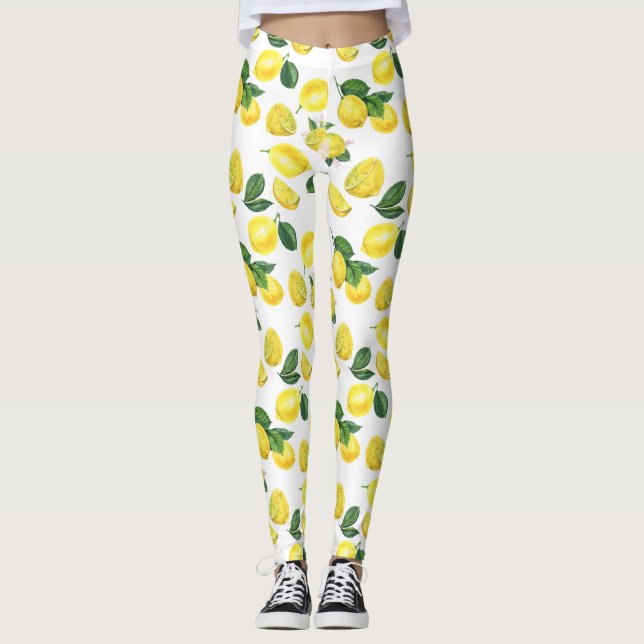 Yellow Lemons Watercolor Fruchtmuster Leggings (Vorderseite)