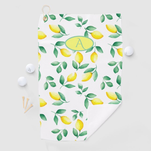 Yellow Lemons Watercolor Monogram Golfhandtuch (Insitu)