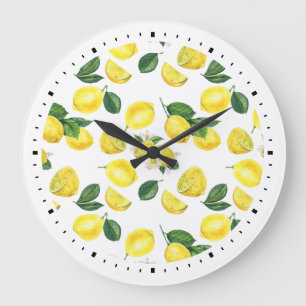Yellow Lemons Watercolor Pattern Große Wanduhr