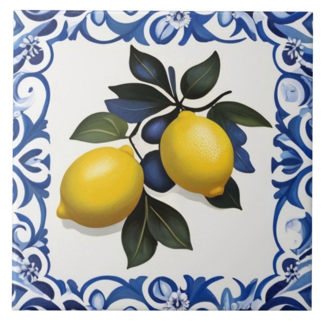 Yellow Lemons with Blue and White Border Fliese (Vorderseite)