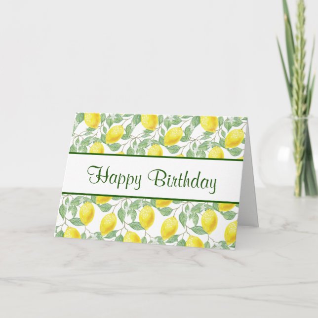 Yellow Lemons with Green Leaves Pattern Birthday Karte (Vorderseite)