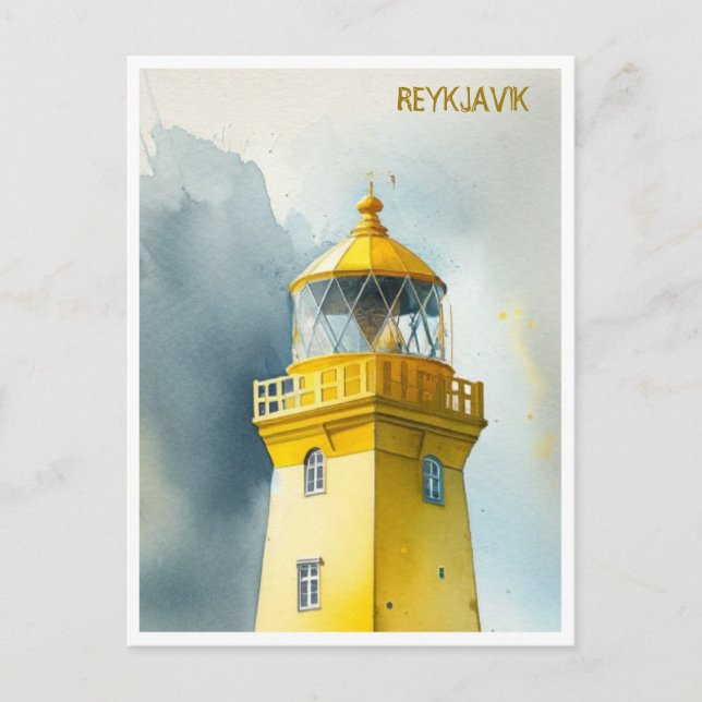 Yellow Lighthouse Reykjavik Island Wasserfarbe Postkarte (Vorderseite)