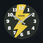 Yellow lighting bolt flash personalized runde wanduhr<br><div class="desc">Yellow lighting bolt flash personalized round clock. Cool powerful zigzag thunderbolt design with big number dial. Add custom name or text. Customizable colors. Cool wall clock for home,  office,  kid's room etc. Thunder strike at midnight.</div>
