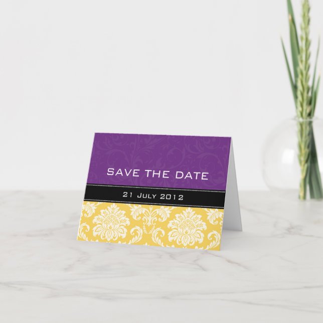 Yellow Lila Damask Wedding Save the Date Ankündigung (Vorderseite)