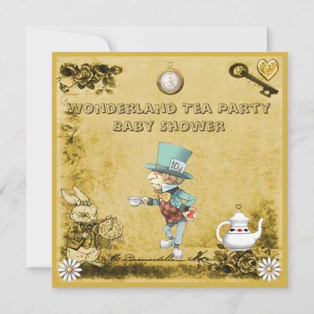 Yellow Mad Hatter Wonderland Tee Party Babydusche Einladung (Vorderseite)
