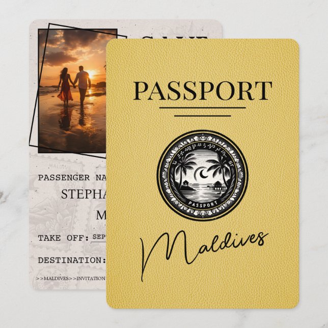 Yellow Maldives Passport Save the Date (Vorne/Hinten)