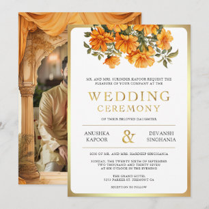 Yellow Marigold Floral South Indian White Wedding Einladung