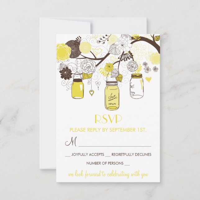 Yellow Mason Jars Summer Wedding Floral RSVP Card (Vorderseite)