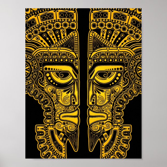 Yellow Mayan Twins Mask Illusion in Black Poster (Vorne)
