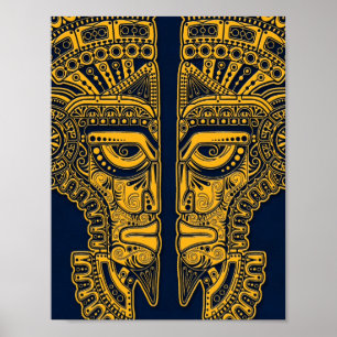 Yellow Mayan Twins Mask Illusion in Blue Poster