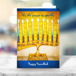 Yellow Menorah Season to Sparkah Custom Hanukkah Feiertagskarte<br><div class="desc">"Es ist die Jahreszeit zu funkeln. Happy Hanukkah." Ein nahes Foto einer leuchtenden, farbenfrohen, gelben künstlerischen Menorah hilft Ihnen den Urlaub in Hanukka zu beginnen. Genießen Sie die Wärme und Freude der Urlaubssaison, wenn Sie diese atemberaubende, farbenfrohe Hanukkah Grußkarte schicken. Passende Umschläge, Aufkleber, Briefmarke, Totensäcke, Serviertablette und andere Produkte sind...</div>