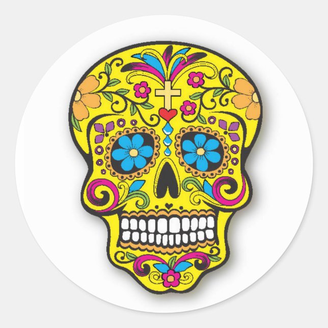 Yellow Mexican Sugar Skull Day of the Dead Runder Aufkleber (Vorderseite)
