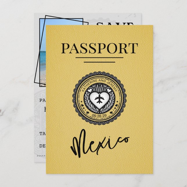 Yellow Mexico Passport Save the Date (Vorne/Hinten)