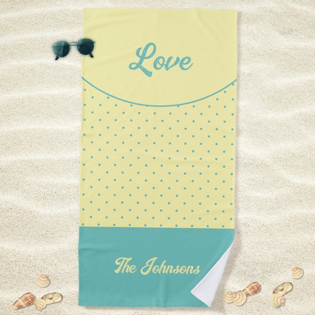 Yellow Mid Century Türkis Retro Dots Liebe Strandtuch (Love Turquoise Retro Dots Yellow Mid Century Beach Towel ©Susanne Sachers - Sunny Mind Design)