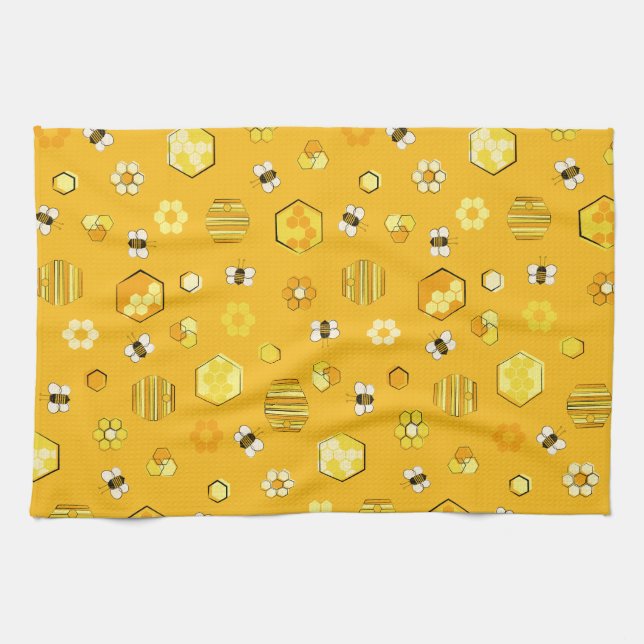Yellow Midjahrhundert Retro Honey Bee Pattern Geschirrtuch (Horizontal)