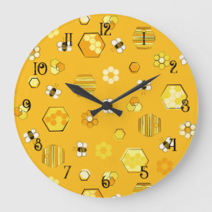 Yellow Midjahrhundert Retro Honey Bee Pattern Große Wanduhr