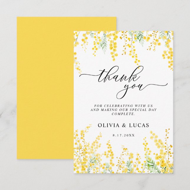 Yellow Mimosa Rustic Golden Floral Spring Wedding Dankeskarte (Vorne/Hinten)