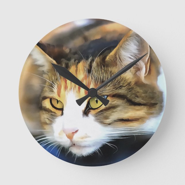 Yellow Mit Augen Calico Katze Realistisches Pet Po Runde Wanduhr (Vorderseite)