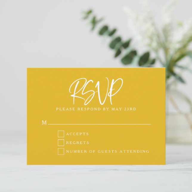 Yellow Modern Script Letters Wedding RSVP Card Karte (Stehend Vorderseite)