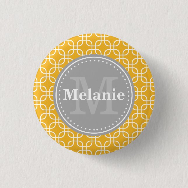 Yellow Modern Squares Pattern Grau Monogramm Button (Vorderseite)