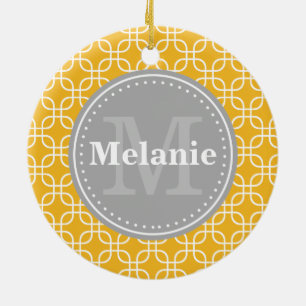Yellow Modern Squares Pattern Grau Monogramm Keramikornament