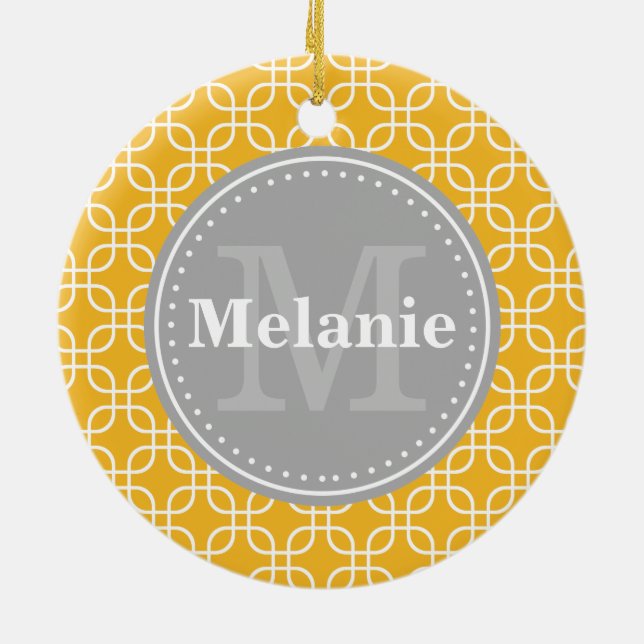 Yellow Modern Squares Pattern Grau Monogramm Keramikornament (Hinten)