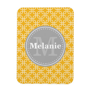 Yellow Modern Squares Pattern Grau Monogramm Magnet