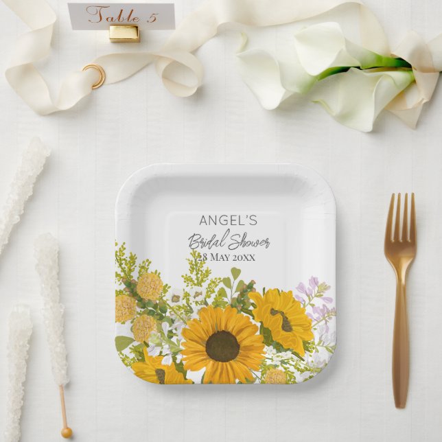 Yellow Modern Sunflowers Bouquet Bridal Shower Pappteller (Hochzeit)