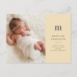 Yellow Monogram 1-Foto Neue Baby Ankündigung Postkarte