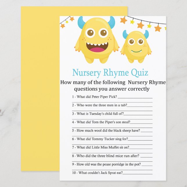 Yellow Monster Kinderzimmer Rhyme Quiz Babyduschsp (Vorne/Hinten)
