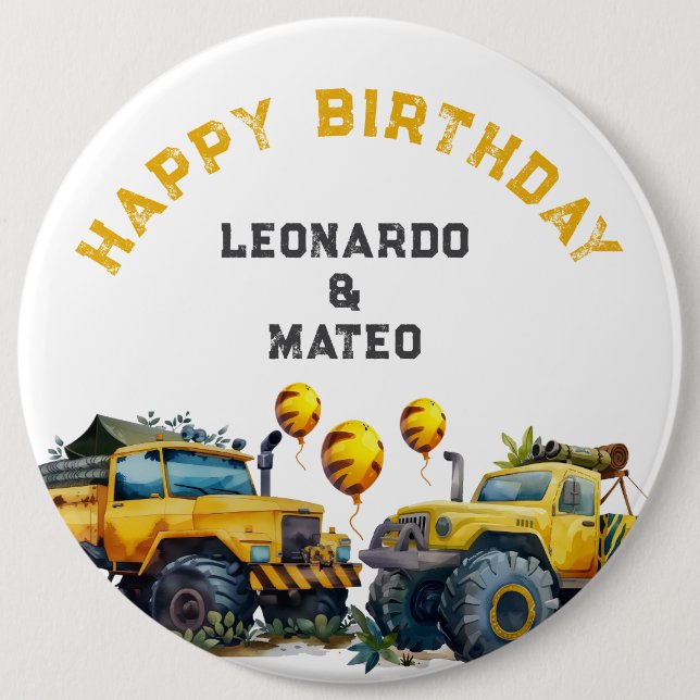 Yellow Monster Trucks Boys Happy Birthday Button (Vorderseite)