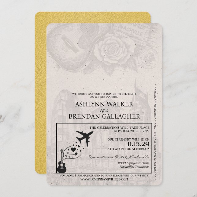 Yellow Nashville Passport Wedding Einladung (Vorne/Hinten)