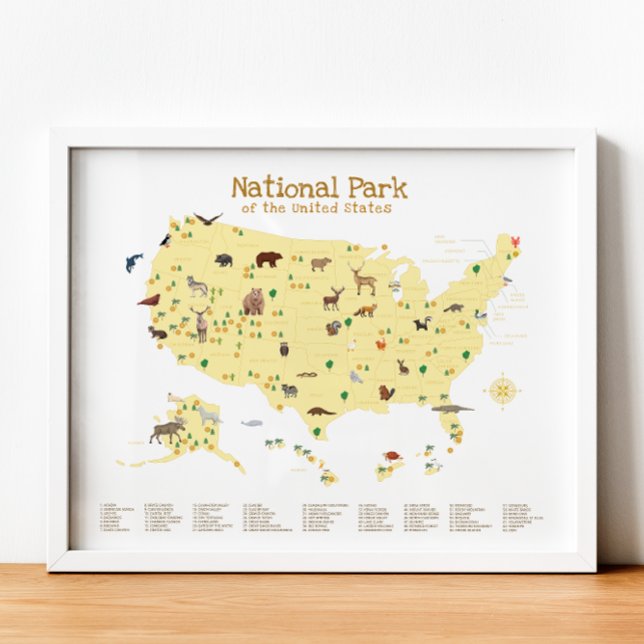 Yellow National Park Map Woodland Kinderzimmer Pri Poster (Yellow National Park Map Woodland Nursery Print)