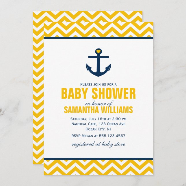 Yellow Nautical Baby Dusche Einladung (Vorne/Hinten)