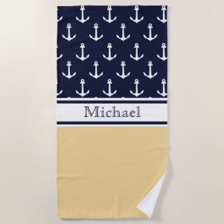 Yellow Navy Blue Anchor Muster Name Nautic Strandtuch