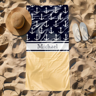 Yellow Navy Blue Anchor Muster Name Nautic Strandtuch