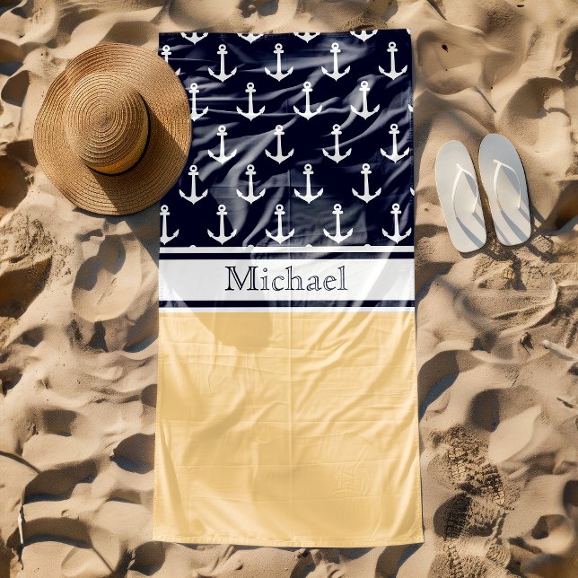 Yellow Navy Blue Anchor Muster Name Nautic Strandtuch (Von Creator hochgeladen)