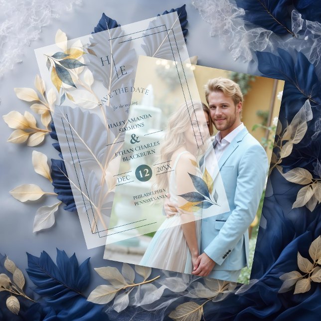 Yellow & Navy Blue Botanical Leaves Corner Initial (Yellow & Navy Blue Botanical Leaves Corner with Initials Vellum Overlay Paper for Save the Date Card)