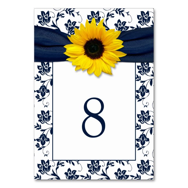 Yellow Navy Blue Damask Sonnenblume Ribbon Hochzei Tischnummer (Vorderseite)