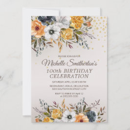 Yellow Navy Blue Floral Glitzer 100. Geburtstag Einladung