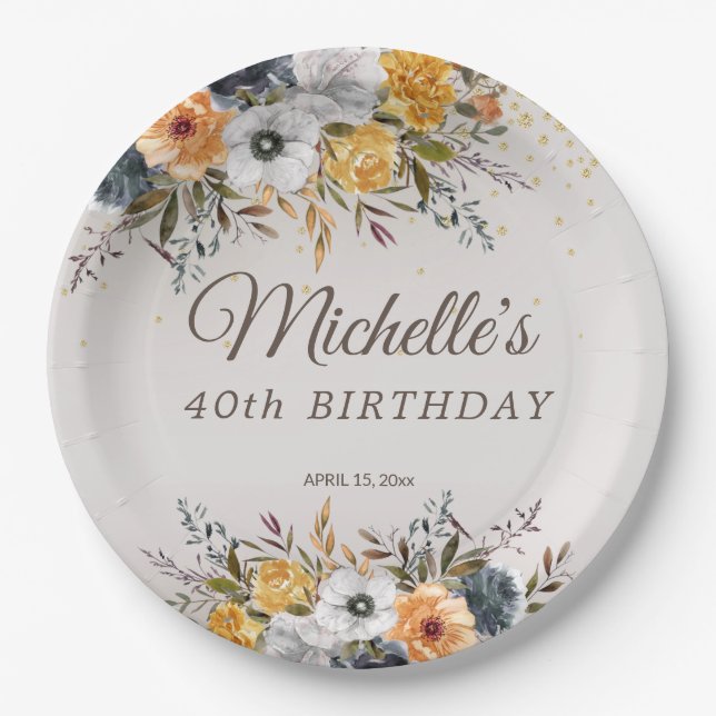 Yellow Navy Blue Floral Glitzer 40. Geburtstagsnam Pappteller (Vorderseite)
