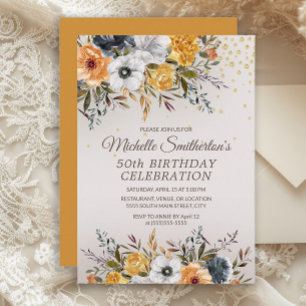 Yellow Navy Blue Floral Glitzer 50. Geburtstag Einladung