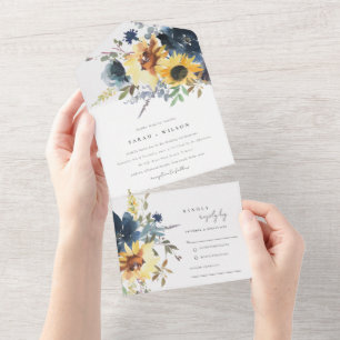 Yellow Navy Sonnenblumen Hochzeit von Aquarellblum All In One Einladung