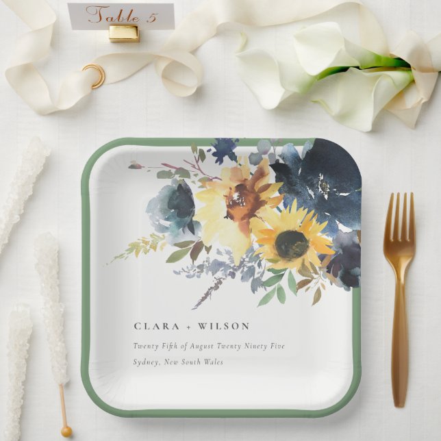 Yellow Navy Sonnenblumen Hochzeit von Aquarellblum Pappteller (Hochzeit)