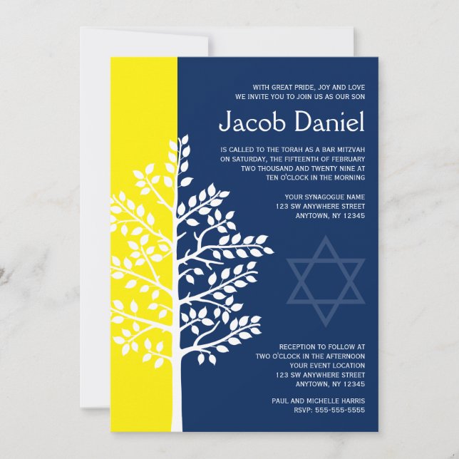 Yellow Navy Tree Bar Mitzvah Einladungen (Vorderseite)