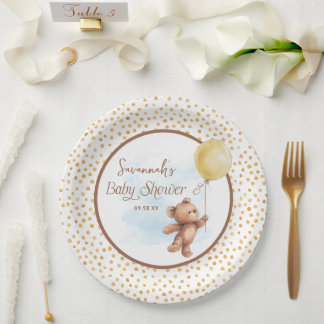 Yellow Neutral Teddy Bear Baby Shower Paper Plate Pappteller