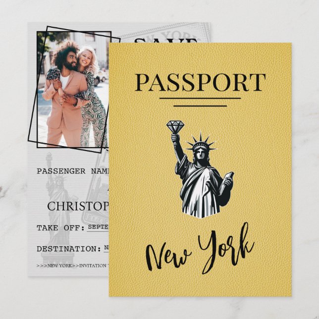 Yellow New York City Passport Save the Date (Vorne/Hinten)