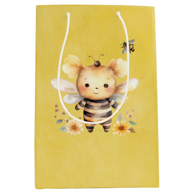 Yellow Niedlich Bee Florals Baby Dusche Mittlere Geschenktüte (Vorderseite)